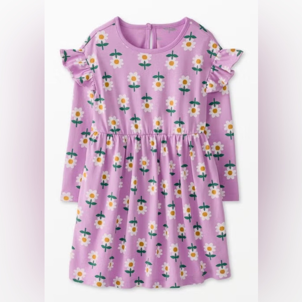 NWT Hanna Andersson Ruffle Shoulder Long‎ Sleeve Dress, Daisy, Size 110 (US 5)